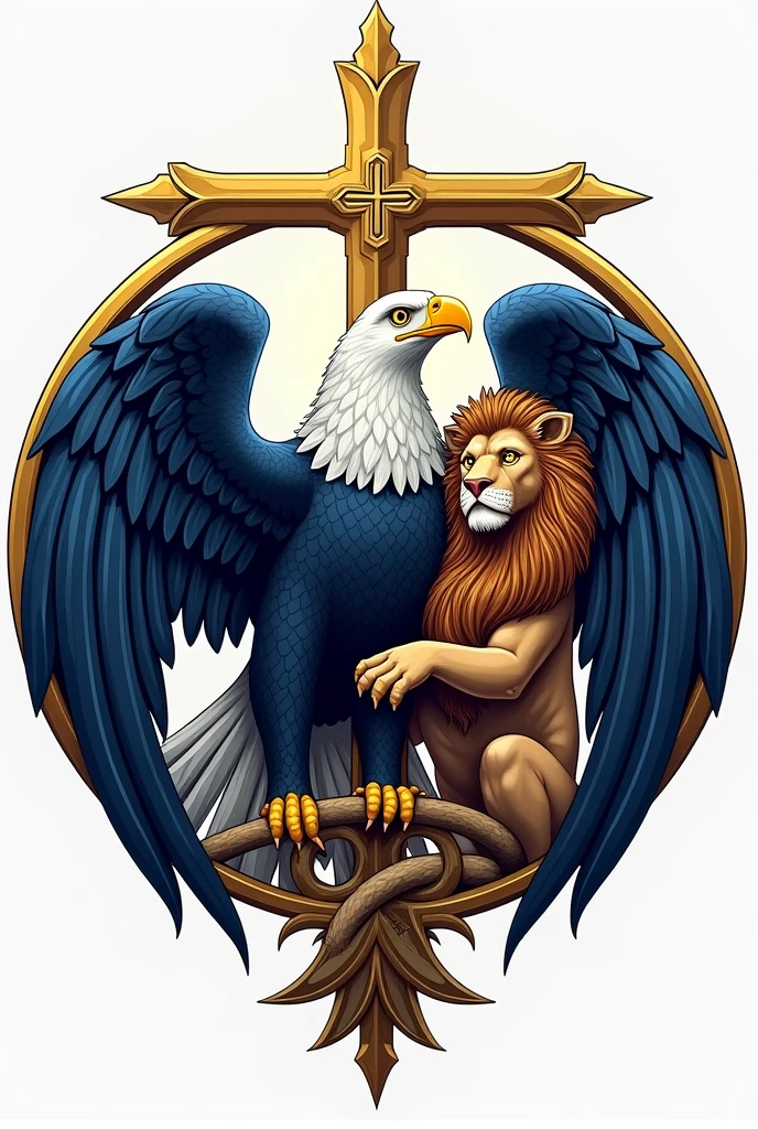 The logo features a bold and majestic eagle with its wings spread wide, symbolizing strength and divine protection. Positioned alongside the eagle is a powerful lion, standing firm to represent courage and leadership. Both animals are intertwined within a circular or shield-like emblem, creating a unified and balanced design. A subtle cross is incorporated into the background to emphasize the Christian faith, while the color scheme includes deep blue, gold, and white, conveying a sense of revere