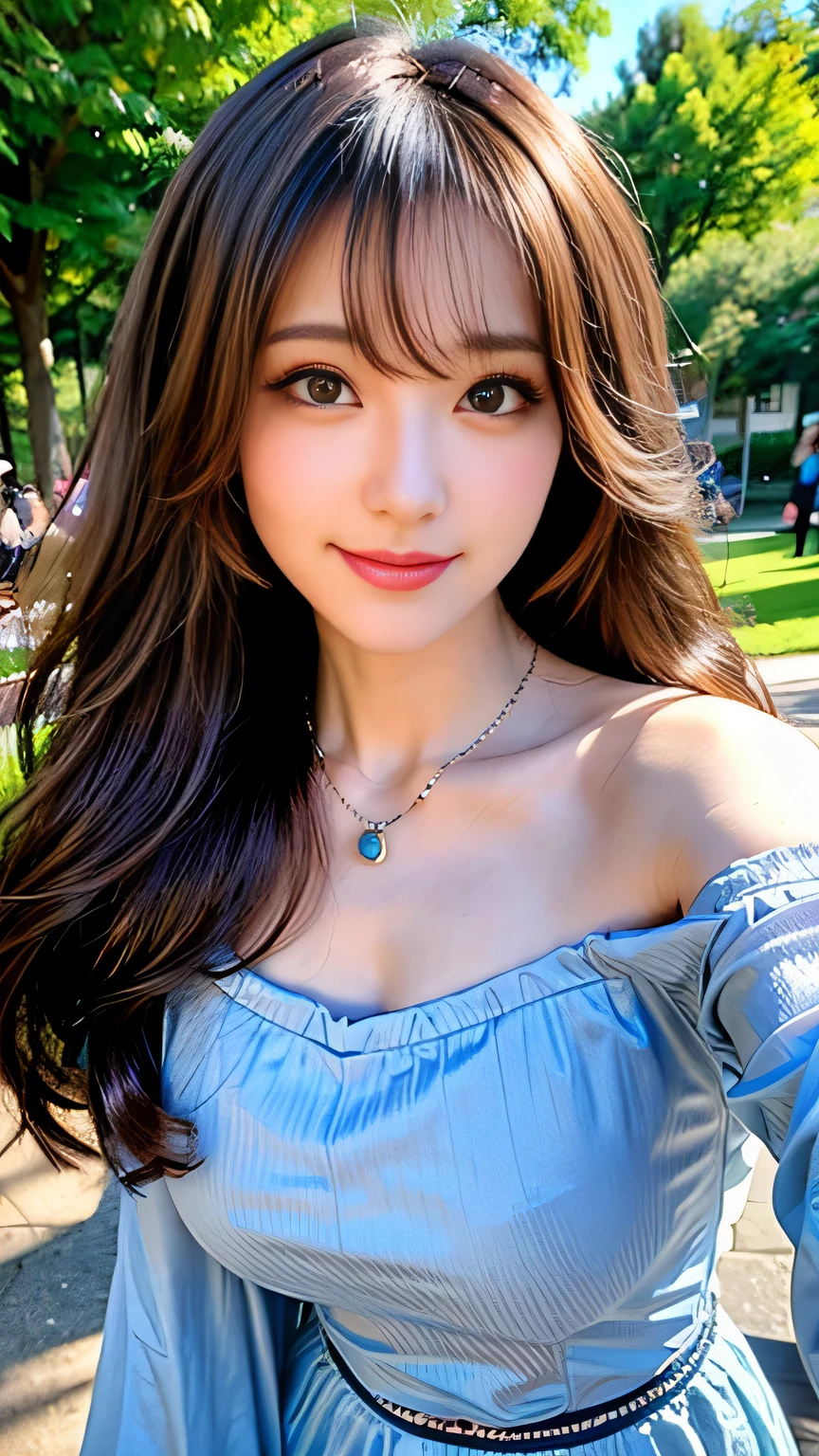 seed;2372725988,((Full Body Angle))、((Front hair:1.3))、((Highest quality, 8k, masterpiece: 1.3)), concentrated: 1.2, Cute 1,Nipples erect、 Perfect beauty: 1.4,Summer off-the-shoulder cropped T-shirt、Letter Print、Shorts: 1.2,Long sleeve、Randall Color、comics&Text Graphics、Black ruffle-trimmed drawstring zip blouse,1.1, Highly detailed face and skin textures, Fine grain, double eyelid, whitening skin, ,Highest quality,Ultra-high resolution,you,1 person,alone,_Shiny_skin,Iris,necklace,((brown_length_Wavy_hair)),(lips)),eyelash,Front hair,deal with,compensate,Shiny,pore,skin,Large Breasts、((Smile))、Walking in the park、Selfie、((close-up))