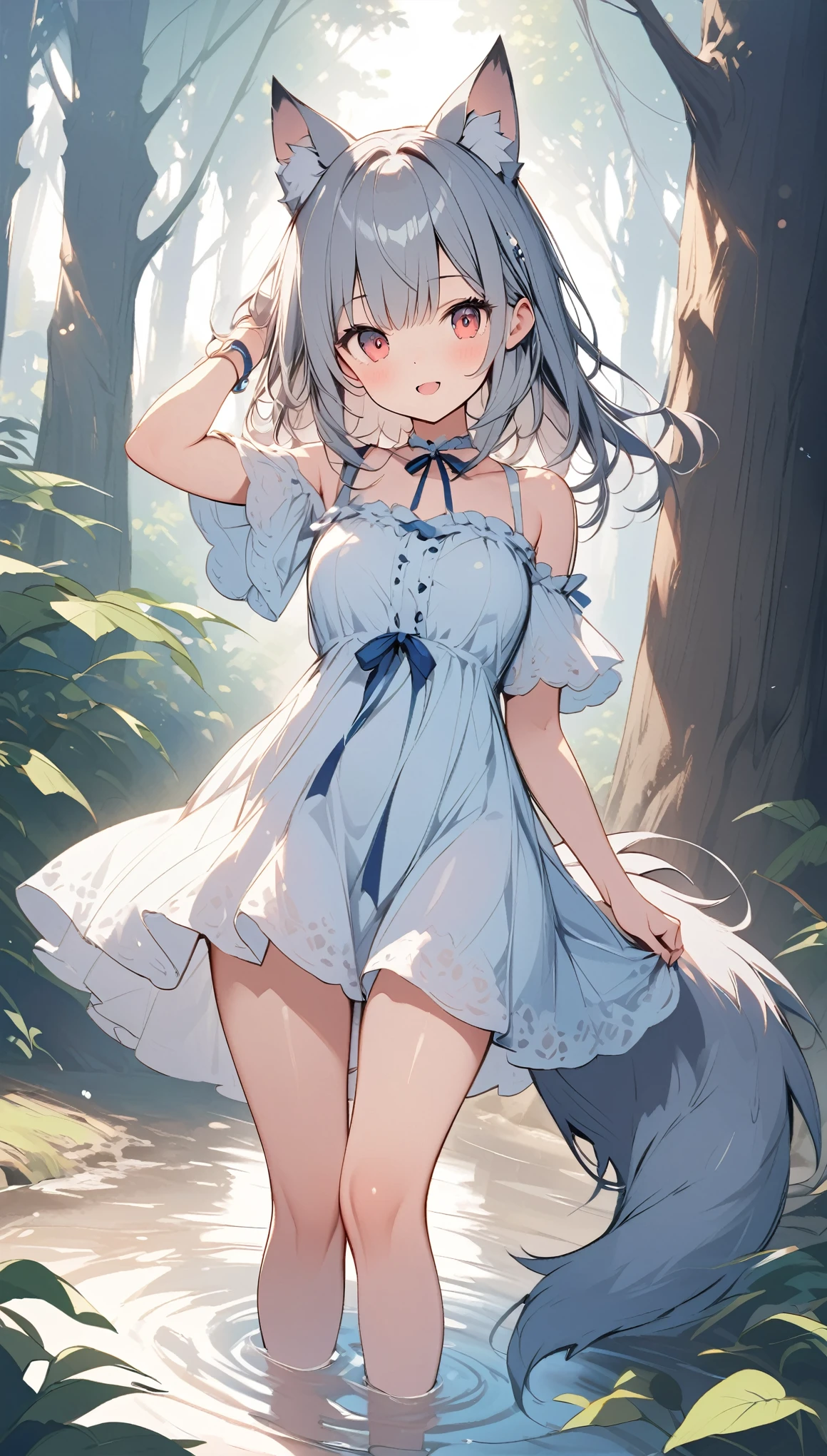 Gray wolf woman living in the forest、cute、Wolf Ears、Wolf Tail、tooth、(Red Eyes:0.8),Dress modestly、Looking at this、In the dense forest、The sunlight filtering through the trees creates a mysterious atmosphere.、A small stream flows at my feet