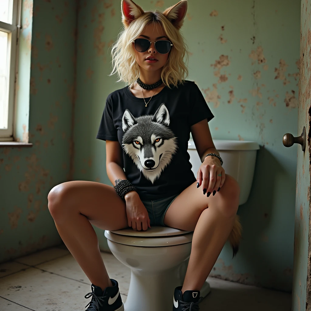 1 woman, Short curly blonde hair, athletic, big and toned legs, huge breasts, Black t-shirt above the navel with white wolf print, Sunglasses, fox ears, Fox tail, skinny jean shorts, black puma tennis shoes, spiked bracelet, dog collar on the neck, sitting on toilet, In the background an abandoned building
