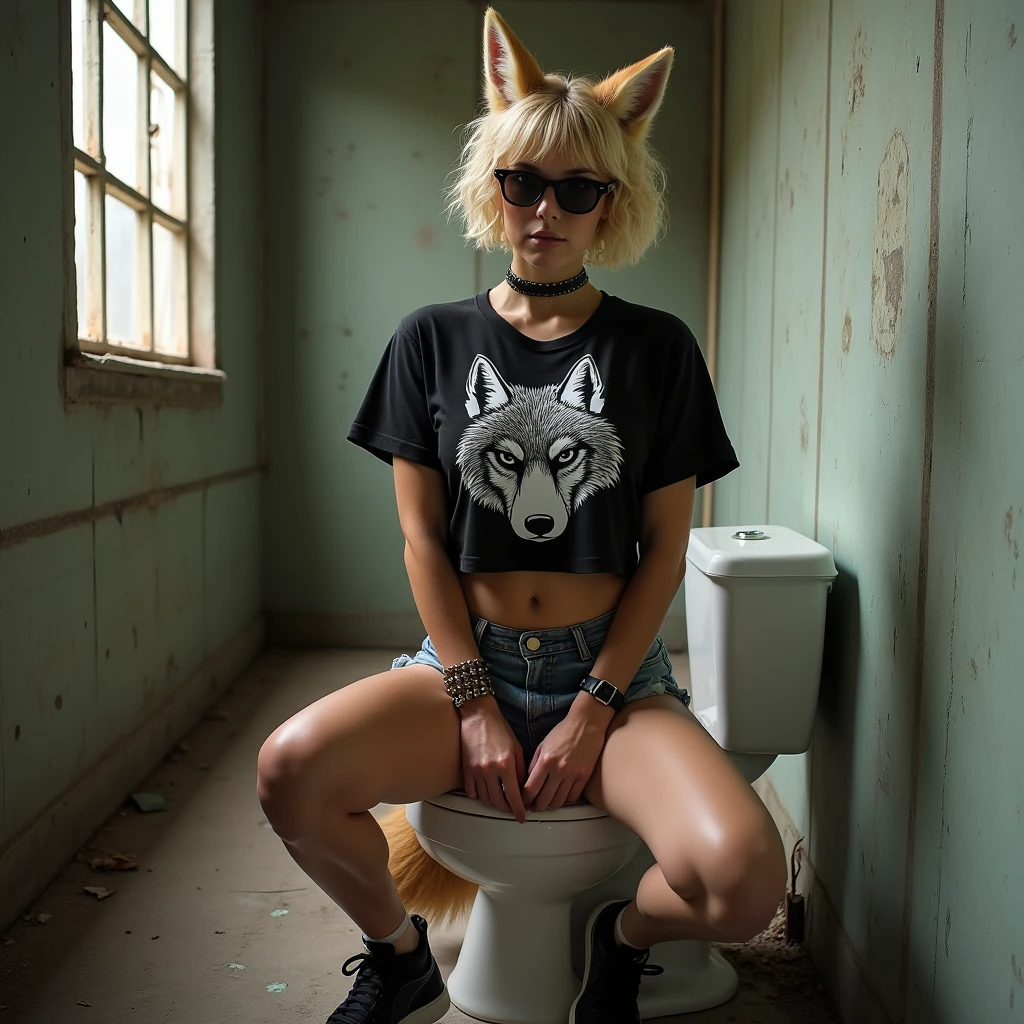 1 woman, Short curly blonde hair, athletic, big and toned legs, huge breasts, Black t-shirt above the navel with white wolf print, Sunglasses, fox ears, Fox tail, skinny jean shorts, black puma tennis shoes, spiked bracelet, dog collar on the neck, sitting on toilet, In the background an abandoned building