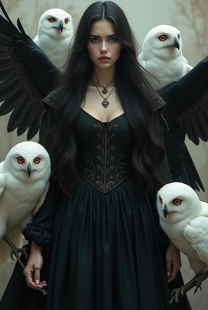 draw for me portrait of a very beautiful woman with black long hair and black eyes.  the woman is wearing a long black dress. The dress is tied to the arms and neck in the medieval style.  clothing is completely enclosed.   there are crows and owls around her. 5 crows and 5 white owls