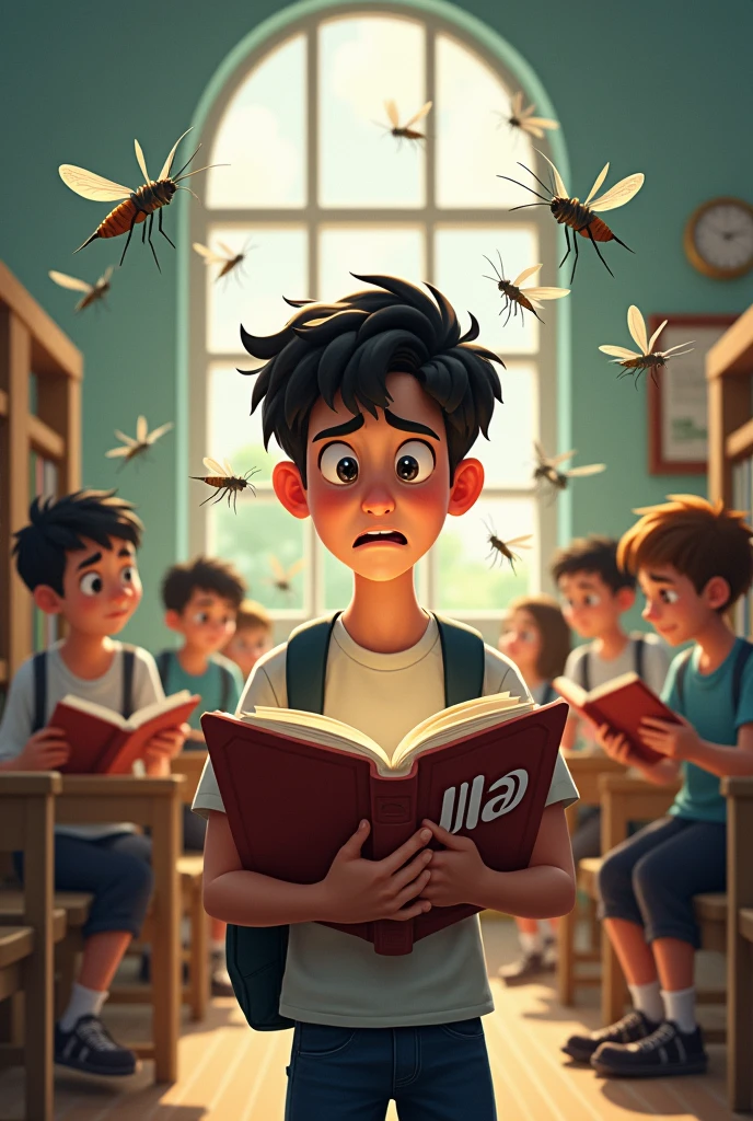 Many mosquito flying or a boy or his behind other students sitting who reading in library chair his hand holding a LA name logo book and one had on his head watching flying mosquito with stress or behind showing a bold language name *Lavansh Library* on the background