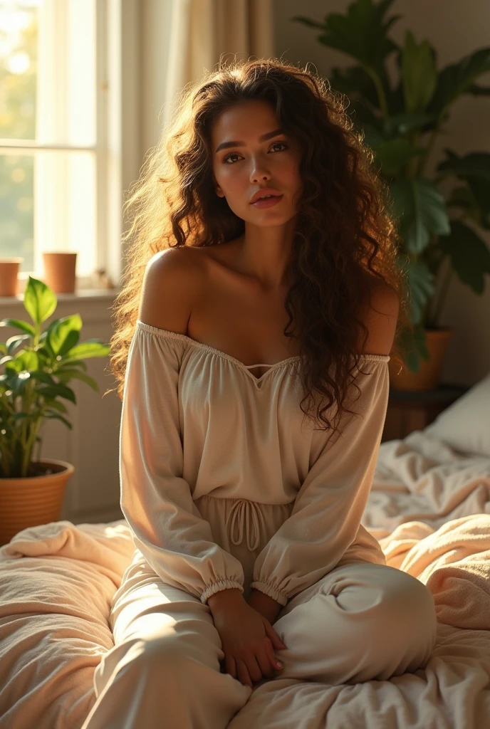 (photorealism:1.2), beautiful woman, sitting on bed, wearing loose off-shoulder top, pajama pants, long curly hair, indoors, soft lighting, plants in background, window with sunlight, cozy room, relaxed pose, realistic, intricate details, warm colors, by Greg Rutkowski, by Alphonse Mucha