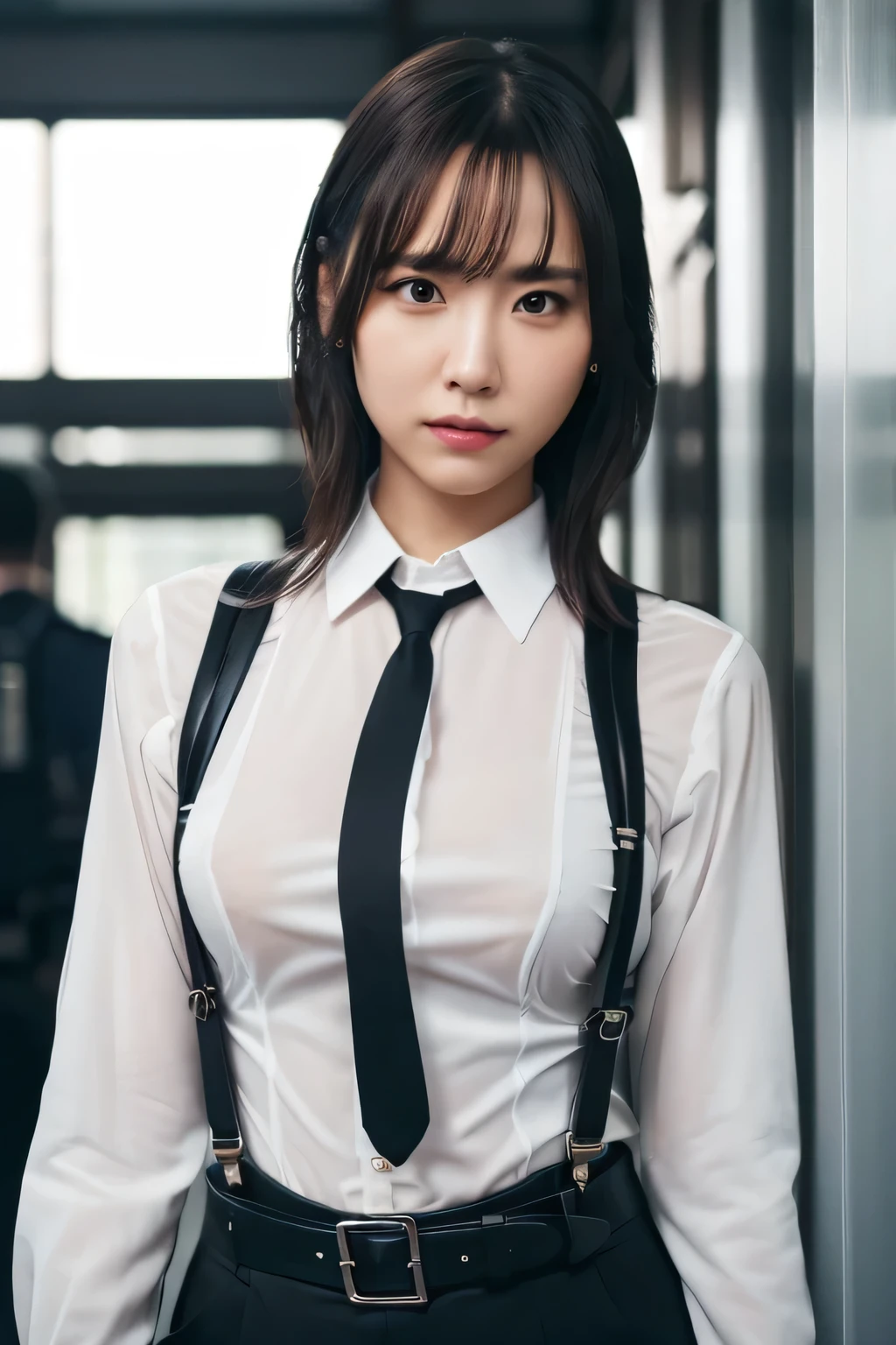 a woman in a suit, belt, hands behind back, sweating, suspenders, black pants, sexly, large breasts, see-through clothing, rain, detective, office worker, white button-up shirt, (best quality,4K,8k,highres,masterpiece:1.2),ultra-detailed,(realistic,photorealistic,photo-realistic:1.37),hyper-detailed,highly detailed face and body, Slender　thin　suspenders　Moderate breasts　See-through shirt　Nipples　holster　chain　Pistol　Armament　criminal　Female criminal　knife