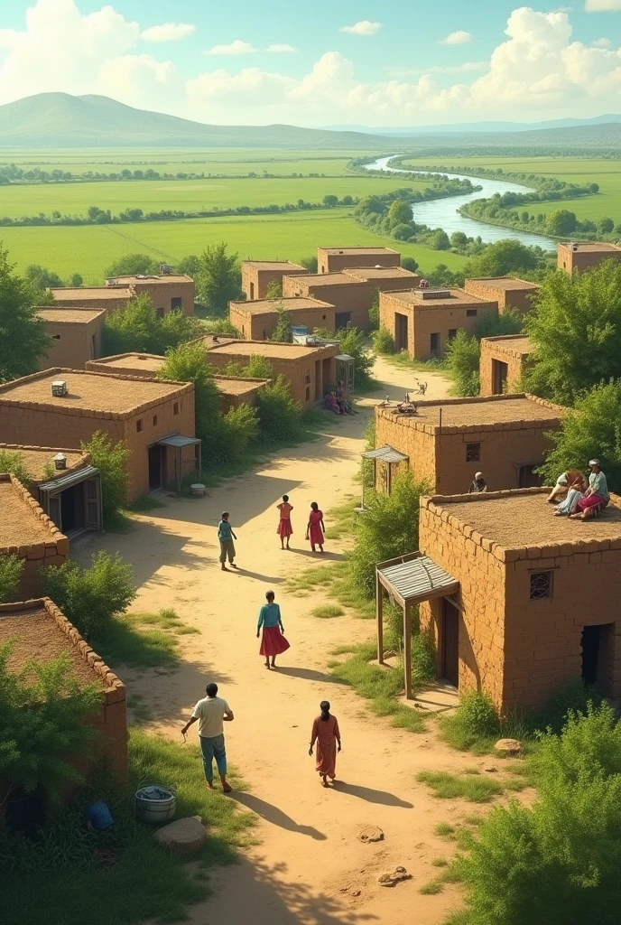 A serene, rustic village in Punjab with traditional mud houses and lush green fields.
Details: Simple village life with people going about their daily routines, perhaps with distant hills or a river in the background.