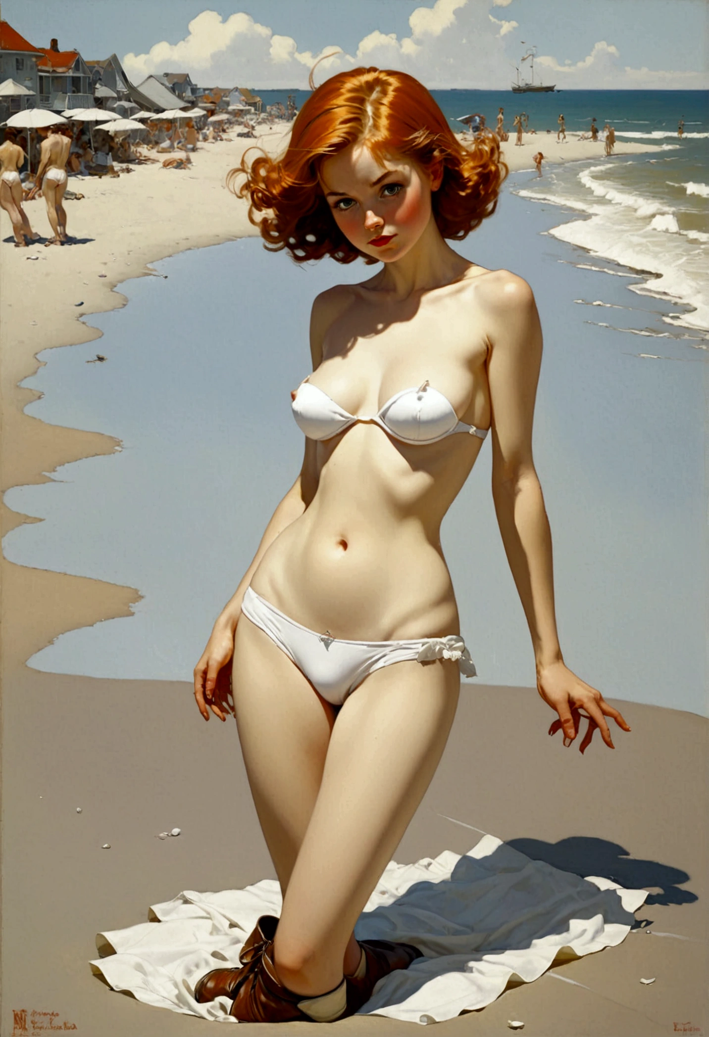 a girl in topless in a small white little boots on the beach view down below wide angle in the style of Gigi Cavenago and Jeffrey Jones and Albert Beck Wenzell and norman rockwell and Michael Carson