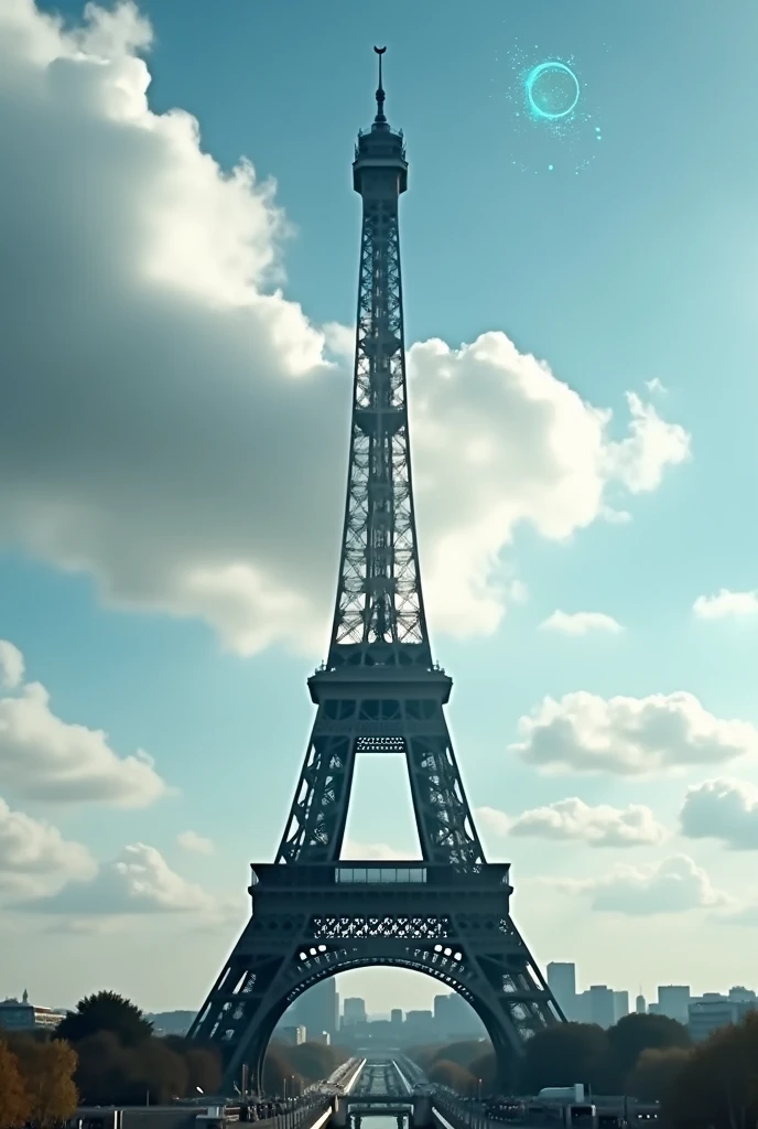Paris video with the Eiffel tower clouds and an atom just above