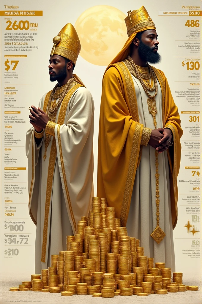 A comparison chart showing Mansa Musa’s estimated net worth of $400 billion versus Elon Musk’s $200 billion, with visual emphasis on historical vs. modern wealth."