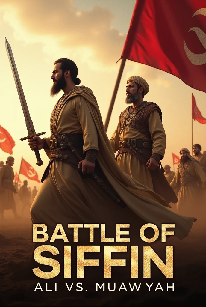 "Create a dramatic YouTube thumbnail for a video titled 'Battle of Siffin: Ali vs. Muawiyah'. The thumbnail should feature a fierce battlefield scene with Ali ibn Abi Talib and Muawiyah ibn Abi Sufyan as central figures. Ali should be depicted with a sword, symbolizing his leadership and bravery, while Muawiyah should be shown with a strategic stance, representing his tactical prowess. Include elements like soldiers, flags, and a desert backdrop to capture the historical context. Use bold, eye-catching text for the title, and ensure the overall design is visually striking and engaging."