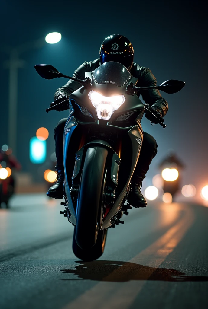 Super bike doing wheelie on 250 speed in highway on night with biker group 