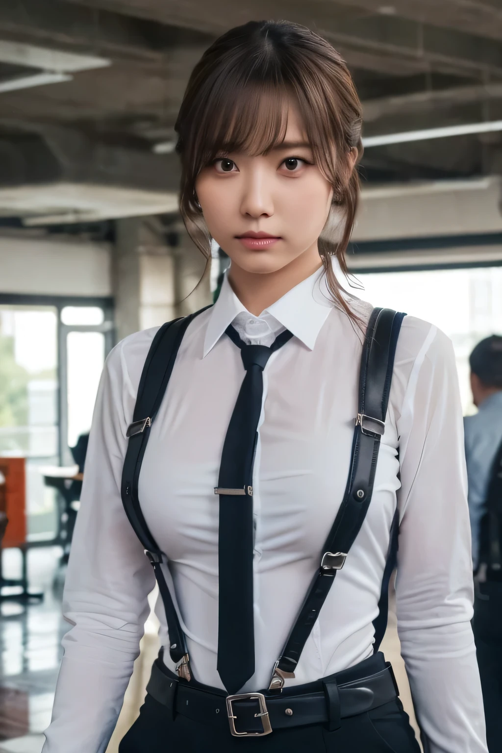 a woman in a suit, belt, hands behind back, sweating, suspenders, black pants, sexly, large breasts, see-through clothing, rain, detective, office worker, white button-up shirt, (best quality,4K,8k,highres,masterpiece:1.2),ultra-detailed,(realistic,photorealistic,photo-realistic:1.37),hyper-detailed,highly detailed face and body, Slender thin suspenders Moderate breasts See-through shirt Nipples holster chain Pistol Armament criminal Female criminal knife