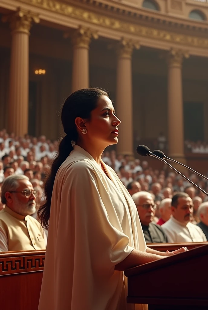 2 one girl leader giving speech mic in Indian new Parliament House Behind him, many big MPs like Narendra Modi, Atal Bihari Vajpayee, Rahul Gandhi, Indira Gandhi are पीपीlistening to his speech.