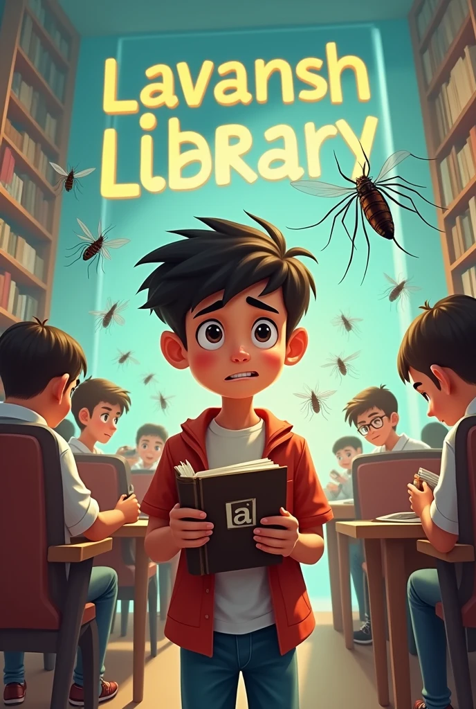 Many mosquito flying or a boy  or his behind other students sitting who reading in library chair  his hand holding a LA name logo book  and one had on his head watching flying mosquito with stress or behind showing a bold language name *Lavansh Library* on the background 
