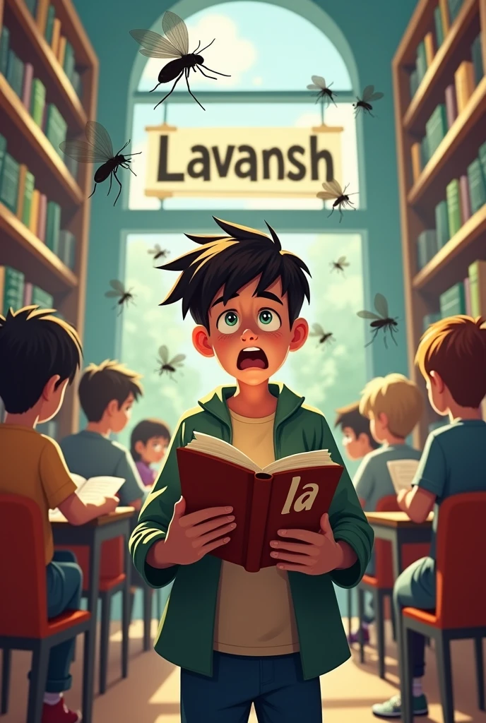 Many mosquito flying or a boy or his behind other students sitting who reading in library chair his hand holding a LA name logo book and one had on his head watching flying mosquito with stress or behind showing a bold language name *Lavansh Library* on the background