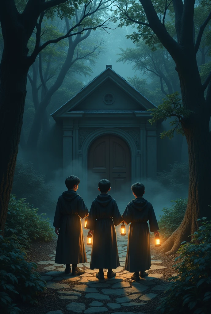 Three male children from a religious school are at the door of a basement, and the basement is very scary. Around the corner, large trees are crowded and seen in the past, with small lamps in the hands of the children to light the way.