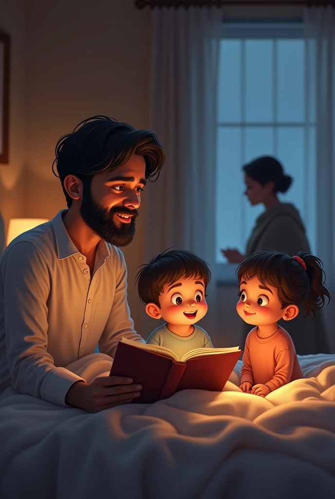Shahid is sitting on the bed with Anaya and Sameer, telling them a bedtime story. The children are listening attentively, while Zeenat is in the background preparing their beds for the night.