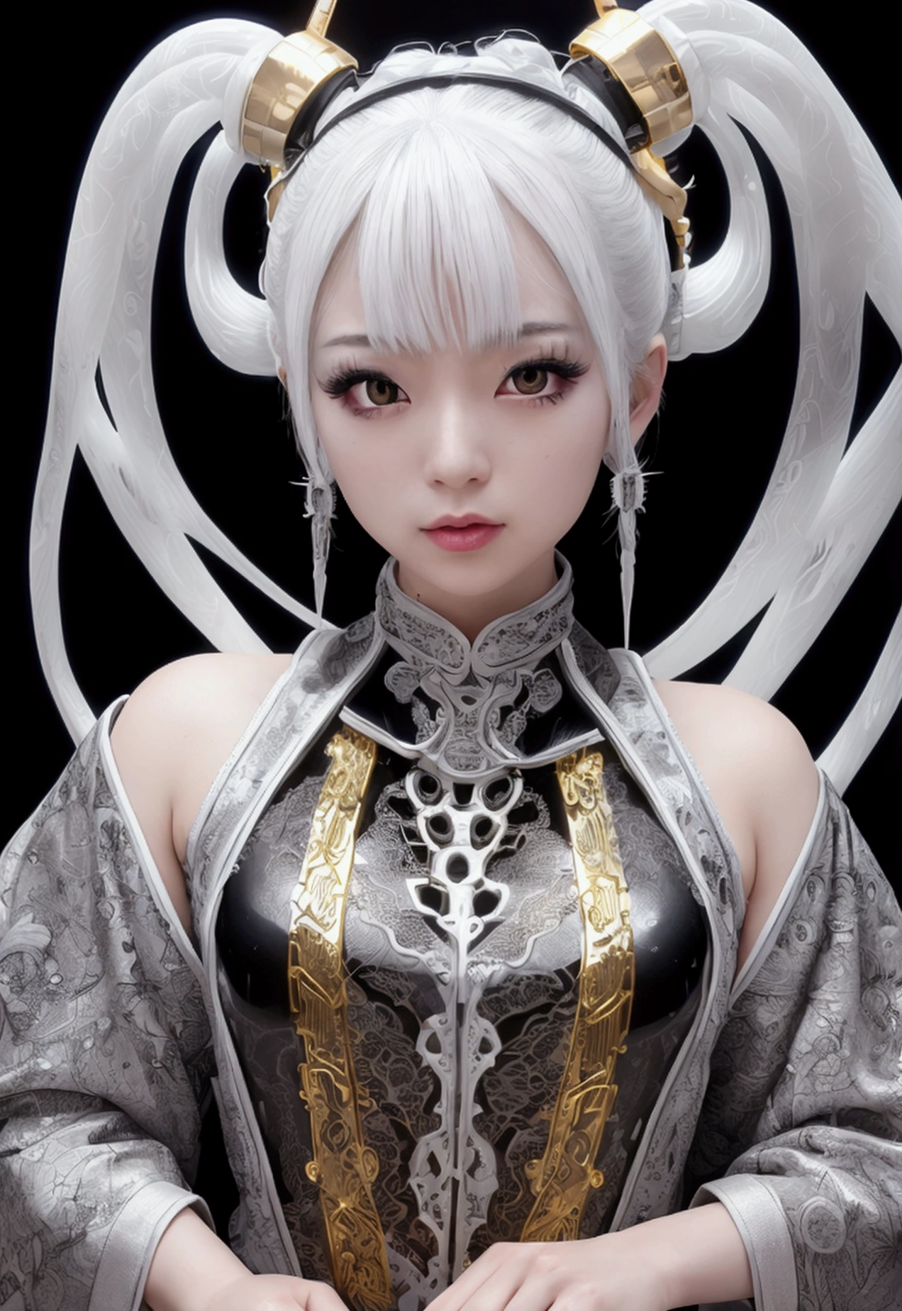 Portrait photo of a Japanese female android in her mid-twenties made of white and silver transparent glass and plastic, Geisha Makeup, Black people hairstyle, Silver and gold metal internals, Dynamic pose, Flowing organic structure, Detailed engraving, Lace knitting designs, Shiny gold circuit, colorful Neon Trim, Detailed engraving, Lace knitting designs, Glowing Circuit, Neon Trim, art：H.R. Giger, Greg Rutowski
