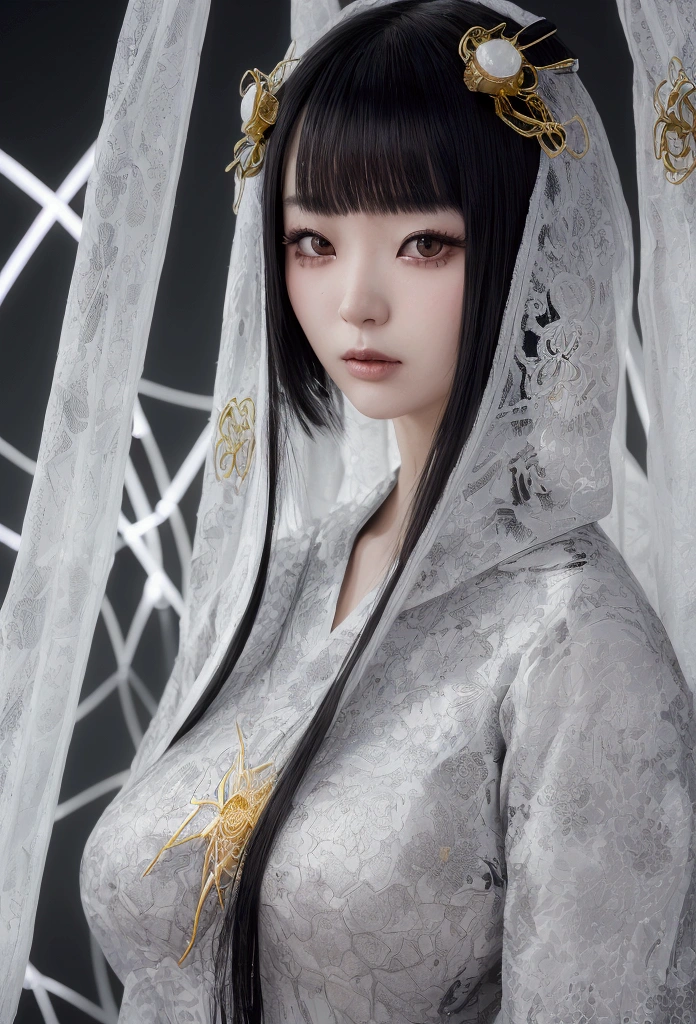 Portrait photo of a Japanese female android in her mid-twenties made of white and silver transparent glass and plastic, Geisha Makeup, Black people hairstyle, Silver and gold metal internals, Dynamic pose, Flowing organic structure, Detailed engraving, Lace knitting designs, Shiny gold circuit, colorful Neon Trim, Detailed engraving, Lace knitting designs, Glowing Circuit, Neon Trim, art:H.R. Giger, Greg Rutowski