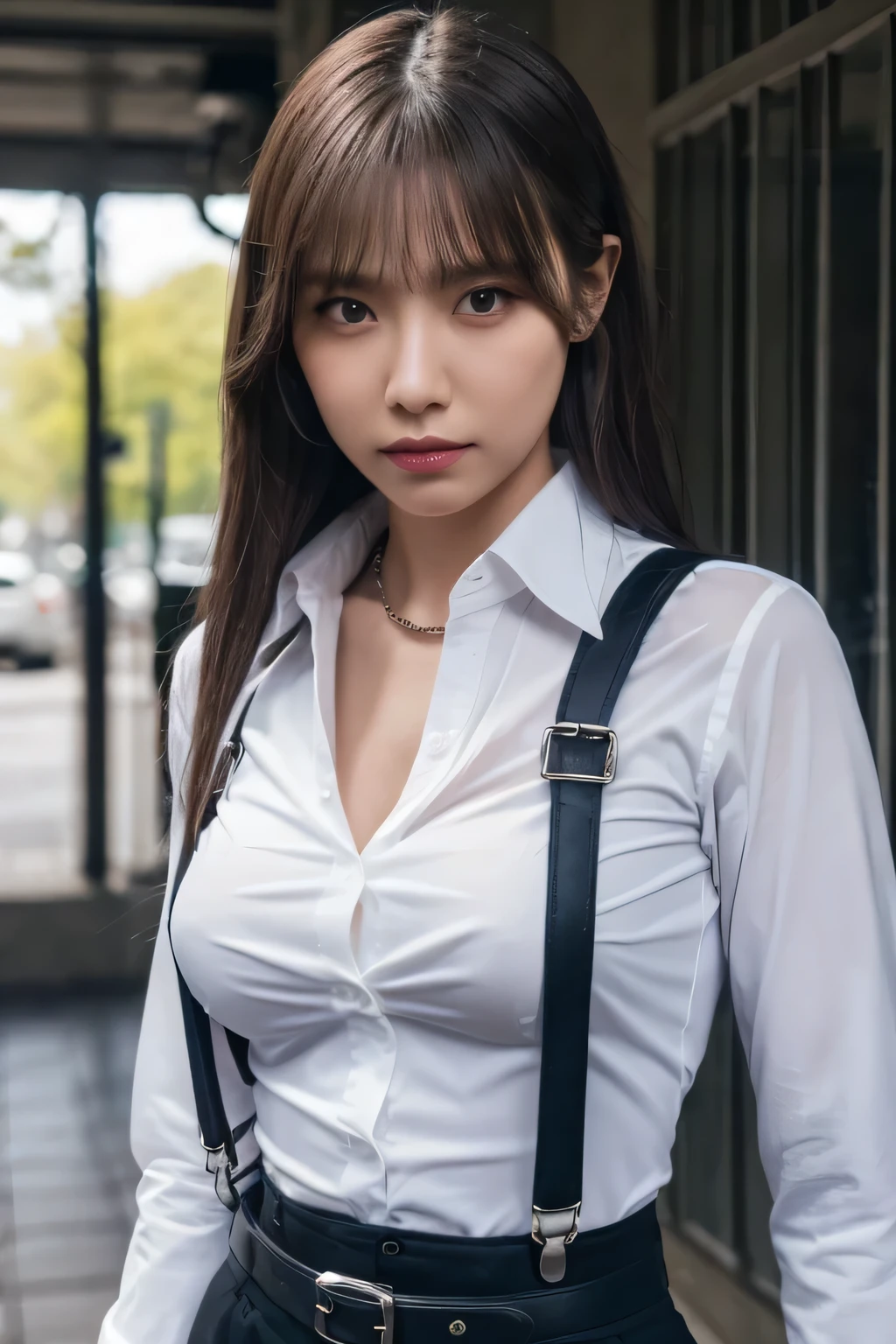 a woman in a suit, belt, hands behind back, sweating, suspenders, black pants, sexly, large breasts, see-through clothing, rain, detective, office worker, white button-up shirt, (best quality,4K,8k,highres,masterpiece:1.2),ultra-detailed,(realistic,photorealistic,photo-realistic:1.37),hyper-detailed,highly detailed face and body, Slender thin suspenders Moderate breasts See-through shirt Nipples holster chain Pistol Armament criminal Female criminal knife