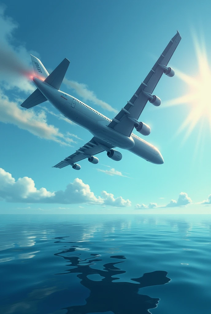 Create an illustration of a plane with engine trouble falling into a calm sea and sky with few clouds and summer sun