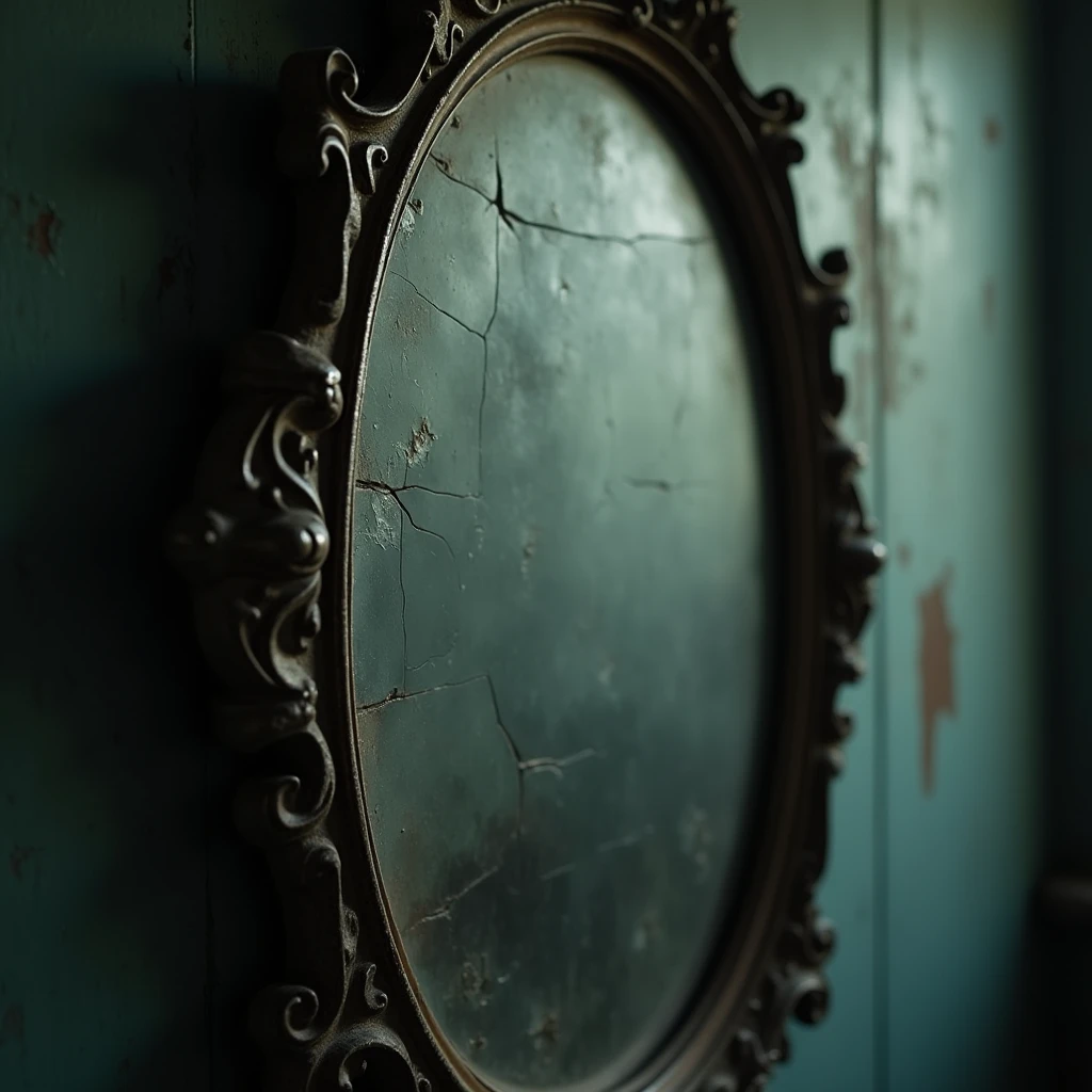 Close-up shot of an old, antique mirror, with a dim light, hanging on the wall of an old house. The mirror frame is slightly cracked and dusty. Light shadow in the background.

