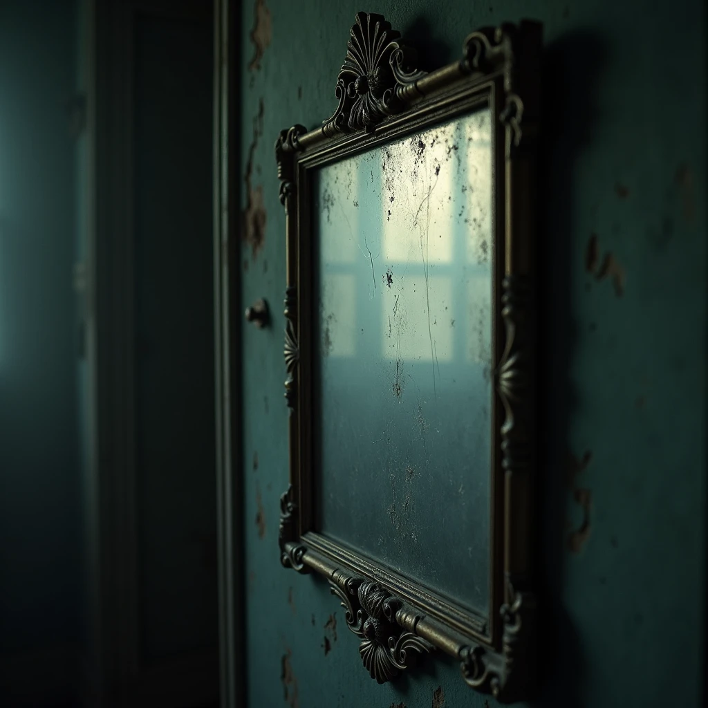 Close-up shot of an old, antique mirror, with a dim light, hanging on the wall of an old house. The mirror frame is slightly cracked and dusty. Light shadow in the background.