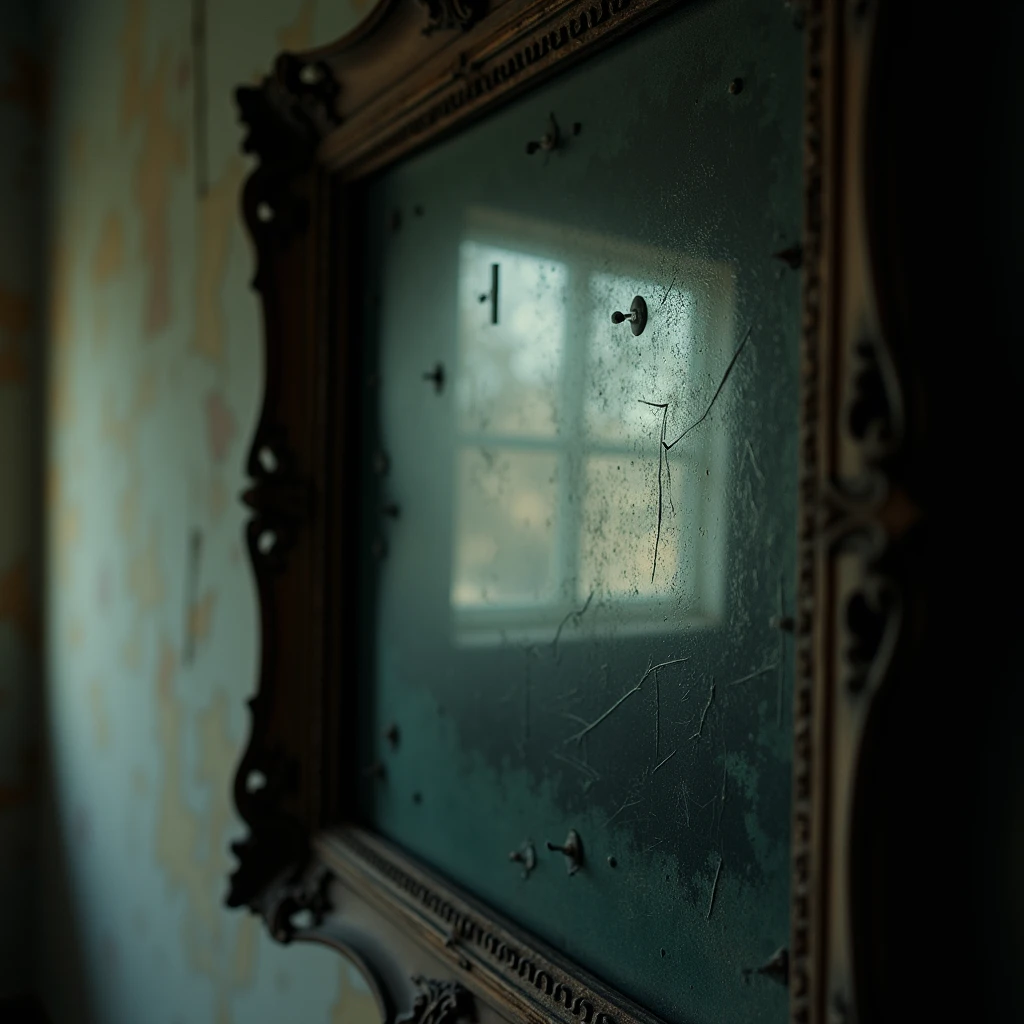 Close-up shot of an old, antique mirror, with a dim light, hanging on the wall of an old house. The mirror frame is slightly cracked and dusty. Light shadow in the background.

