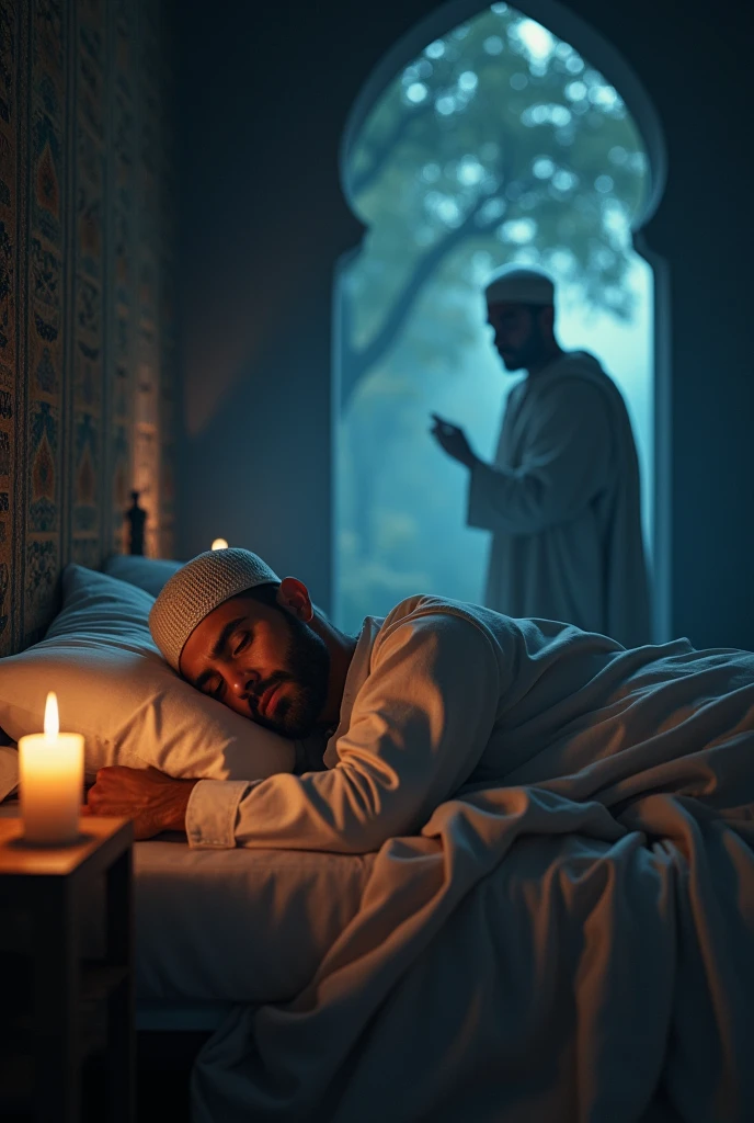 A Muslim man sleeps in a house, and dreams of a Muslim man, at night