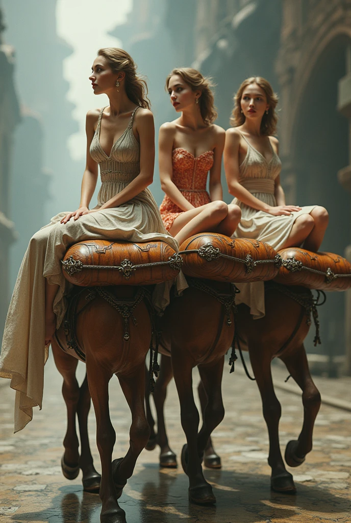 Women sitting on leather cushion kept on men's back with 2 other women