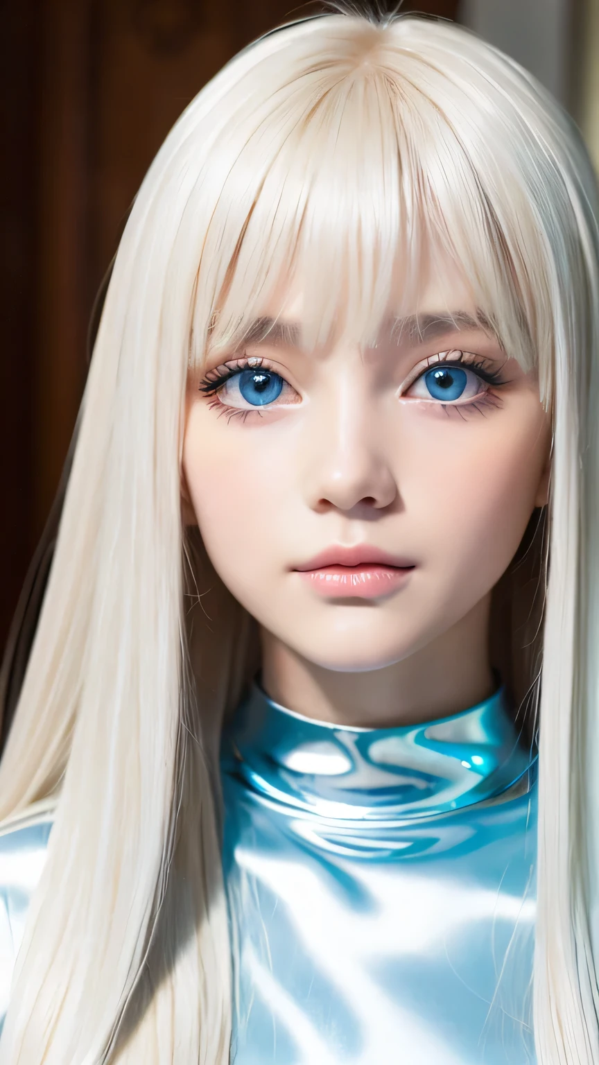 A perfectly beautiful face、Messy silky beautiful blonde hair、A beautiful 1 Scandinavian beauty、Very beautiful beautiful bright pale sky blue big eyes、Very long beautiful natural platinum blonde silky shiny hair、Long beautiful bangs、Very big eyes、Small Face Beauty、eyeliner、very white shiny skin、Gloss Face、Cheek gloss、Hair above the eyes、片Hair above the eyes、Hair between the eyes、