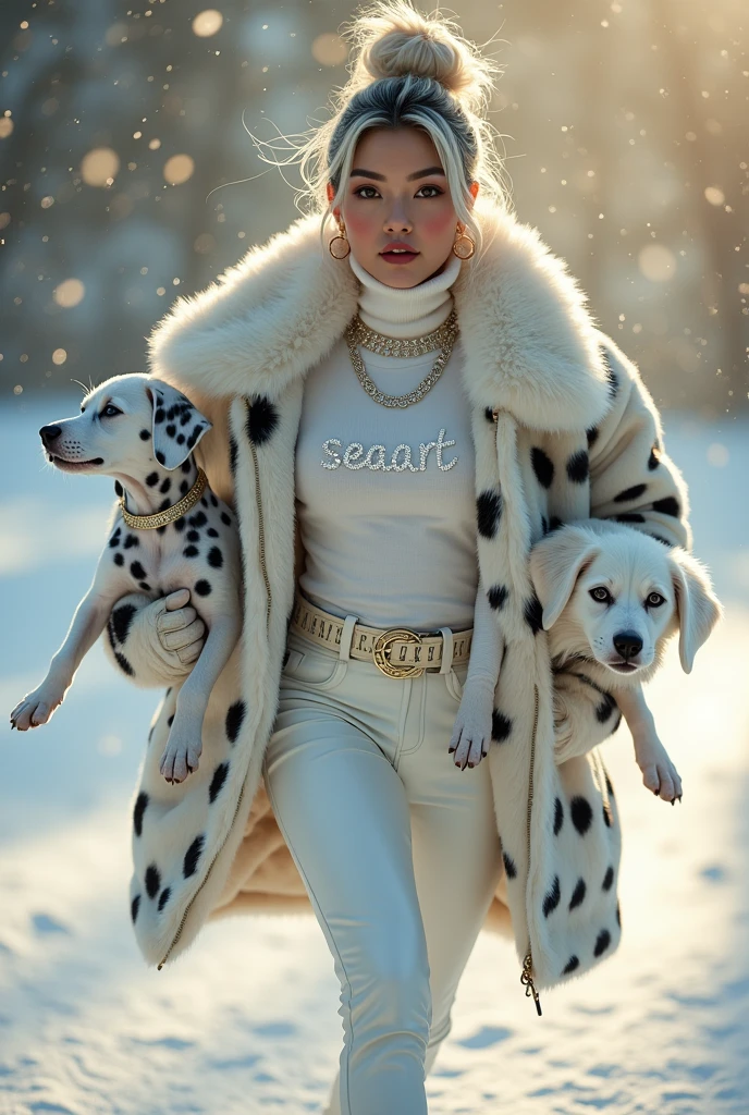 beautiful tanned japanese woman, wearing a designer fur puffer long dalmatian print jacket , and white turtle neck t-shirt underneath the coat, write "SEAart" with glitter on t-shirt, (t-shirt tucked in) (t-shirt underneath skirt) tucked in the t-shirt inside underneath white leather pants, white leg warmer, white leather gloves, ((white fur ear muffs)), chain necklace, diamond rings, hoop earring, big diamond buckle leather belt, thick eyebrows, blushed cheek, photorealistic, masterpiece, moncler, messy bun white highlighted hair, open the jacket, lips pouting, pouts, outdoor snowy place background with smokes, glitters and particles of snows and nice lighting, UHD, HDR, 8k, Masterpiece, running and holding a dalmatian puppy wearing gold collar and fur white coat, running, fish eyes