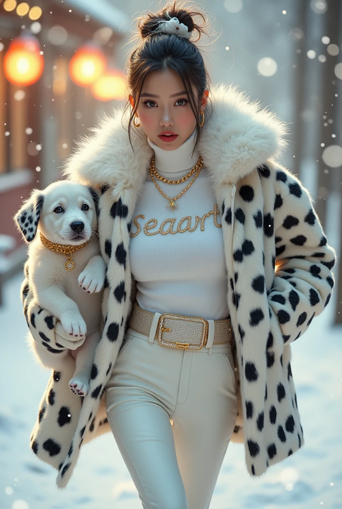 beautiful tanned japanese woman, wearing a designer fur puffer long dalmatian print jacket , and white turtle neck t-shirt underneath the coat, write "SEAart" with glitter on t-shirt, (t-shirt tucked in) (t-shirt underneath skirt) tucked in the t-shirt inside underneath white leather pants, white leg warmer, white leather gloves, ((white fur ear muffs)), chain necklace, diamond rings, hoop earring, big diamond buckle leather belt, thick eyebrows, blushed cheek, photorealistic, masterpiece, moncler, messy bun white highlighted hair, open the jacket, lips pouting, pouts, outdoor snowy place background with smokes, glitters and particles of snows and nice lighting, UHD, HDR, 8k, Masterpiece, running and holding a dalmatian puppy wearing gold collar and fur white coat, running, fish eyes