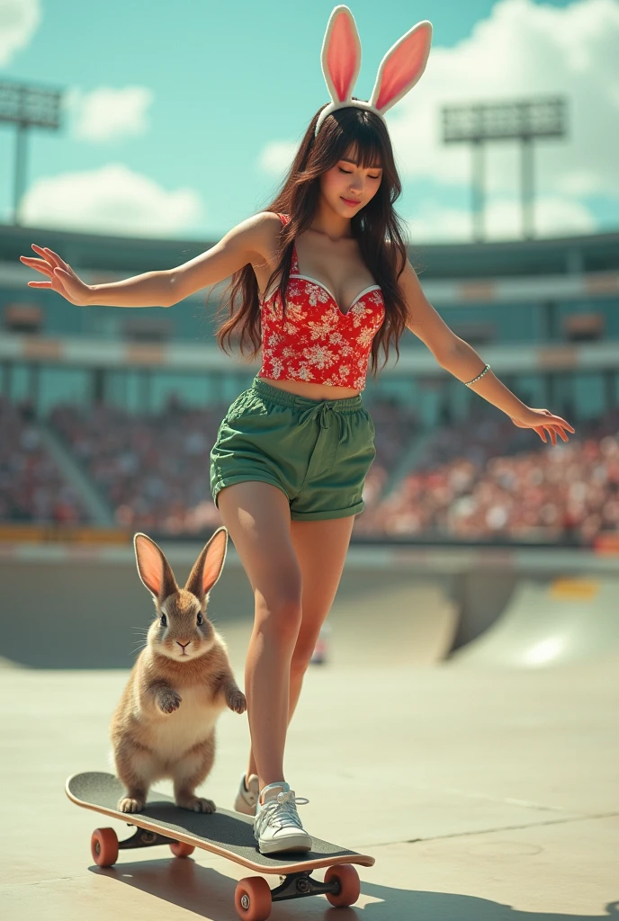 A voluptuous Japanese woman, 2, dressed elegantly in a bunny girl costume consisting of a red floral tank top and green shorts, is smiling with a bright expression at a skateboarding stadium and jumping gracefully on a skateboard.、She has long brown hair and a rabbit ear ornament on top of her head.、The photo shows her with a small chest and a calm expression.、It shows her inner peace and outer charm.。Next to him is a rabbit riding a skateboard。