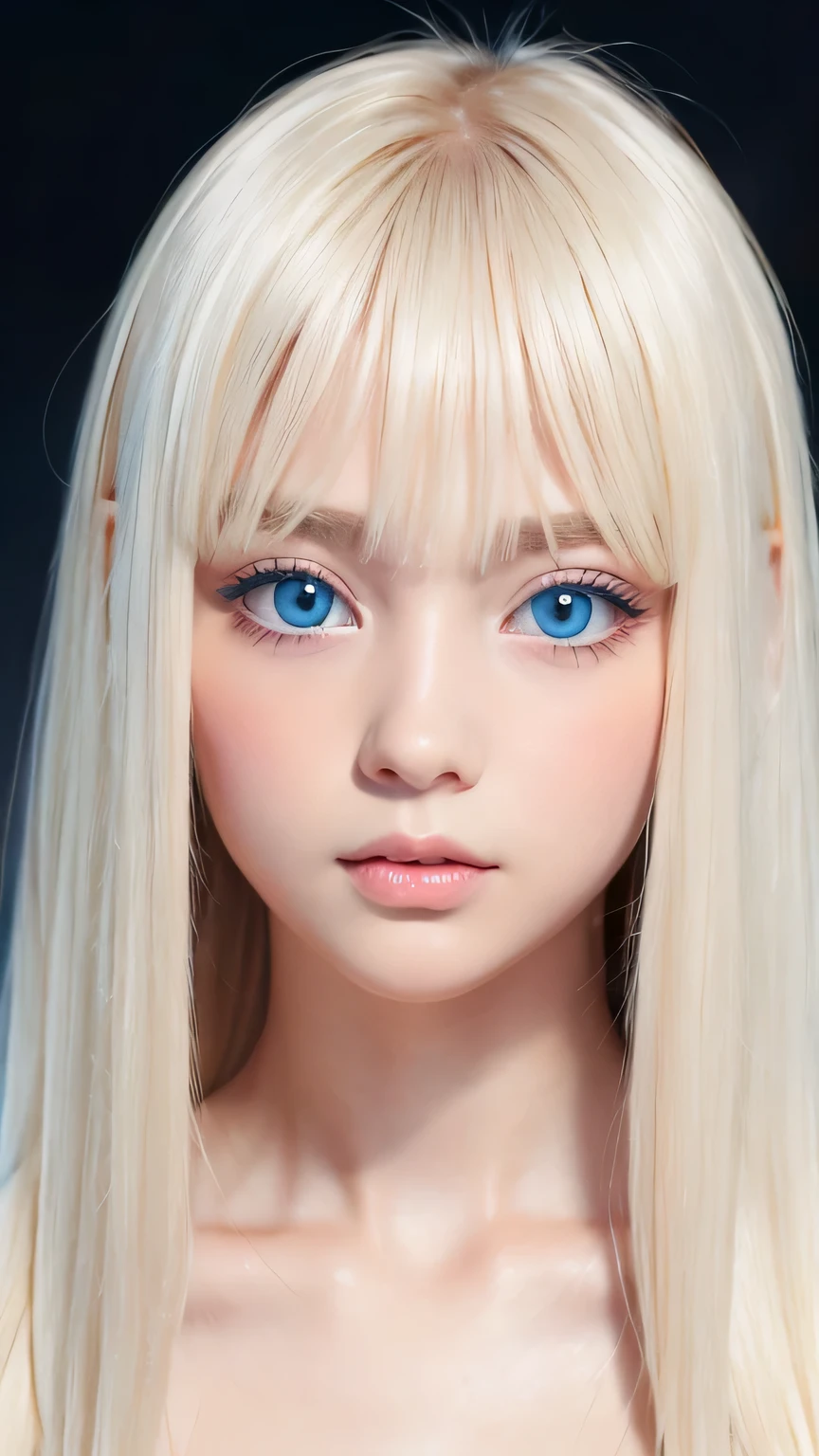 A perfectly beautiful face、Messy silky beautiful blonde hair、A beautiful 1 Scandinavian beauty、Very beautiful beautiful bright pale sky blue big eyes、Very long beautiful natural platinum blonde silky shiny hair、Long beautiful bangs、Very big eyes、Small Face Beauty、eyeliner、very white shiny skin、Gloss Face、Cheek gloss、Hair above the eyes、片Hair above the eyes、Hair between the eyes、