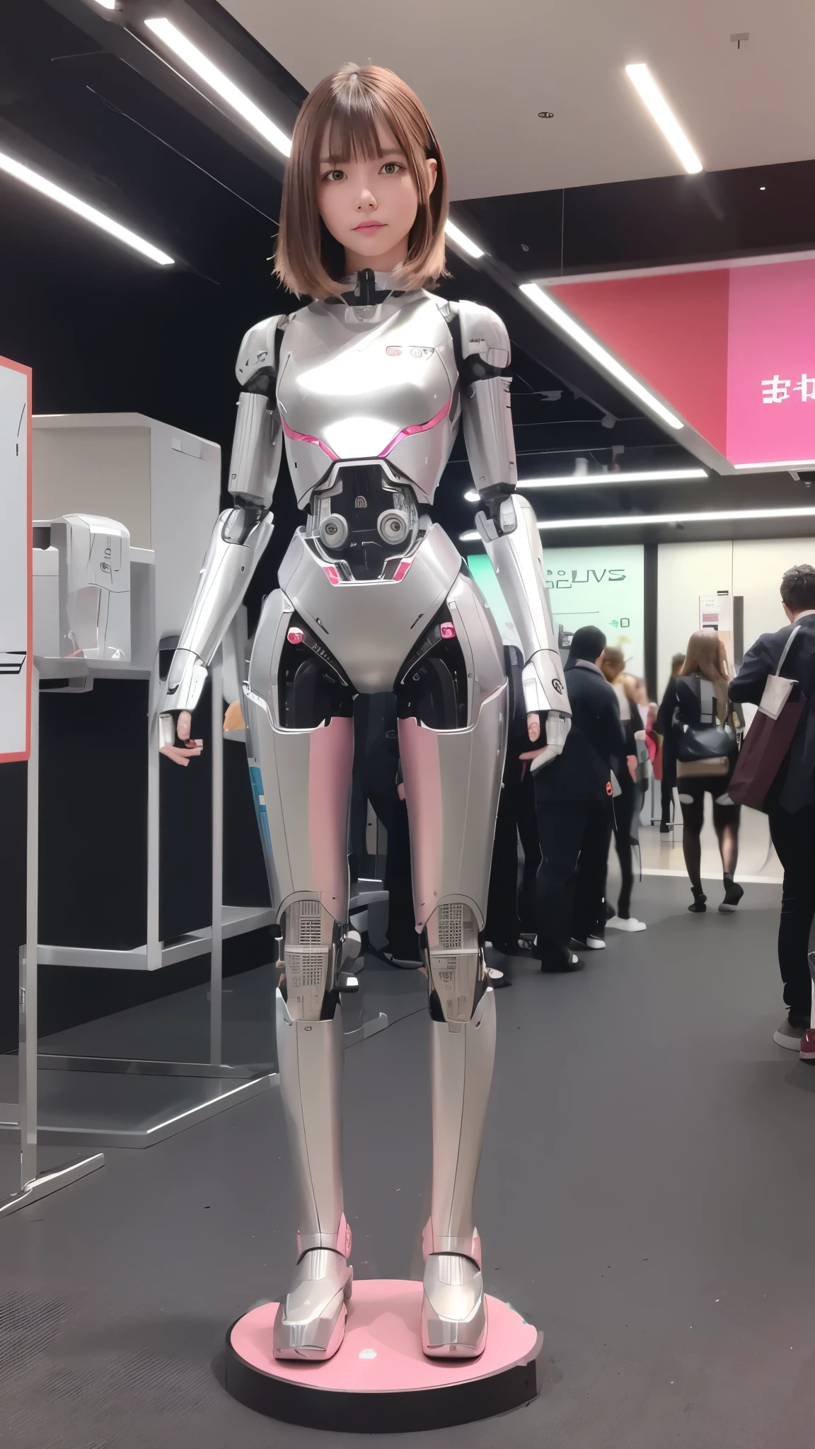 Robot Girl, pink there, Silver, Metallic body, Robot Parts, Metal Parts, Super Detailed Face, Super well-formed face, of the highest quality, a small face, small head, Brown hair, Slender body, Camera gaze, Internal Mechanical Exposure, Idol, front facing, Well-proportioned body, sale, Exhibited, Event Hall, Moe Pose, Standing with legs open, Model body type, sad,(Perfect Robot Girl),(Perfect machine body)