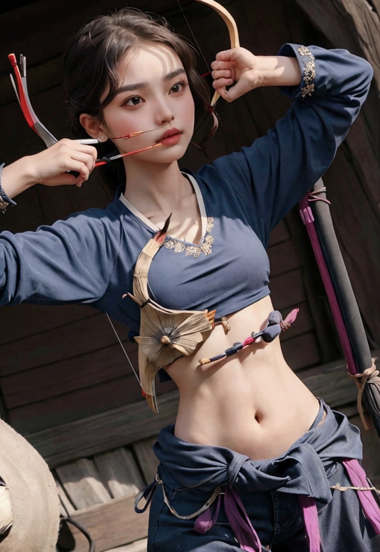 girl in crop top shirt , Archery, (open navel),
