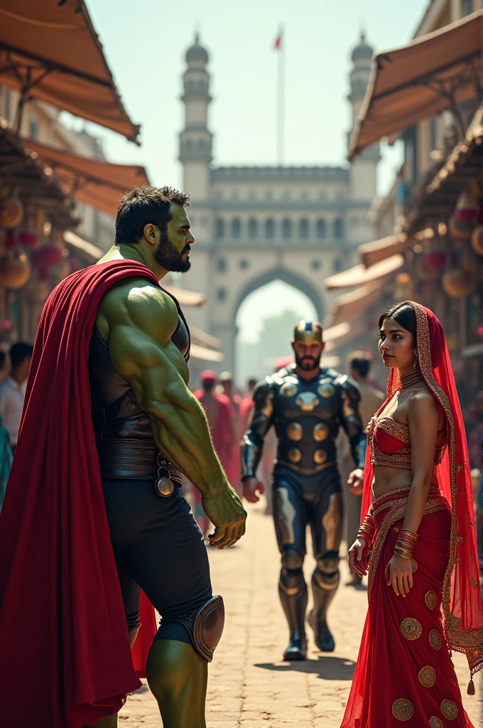 Charminar ke chudi bazar me Thor aur hulk .iron man hijab bhejte huwe aur unke pass kharidne ke liye aiswarya rai aur Katrina kaif ruke huwe