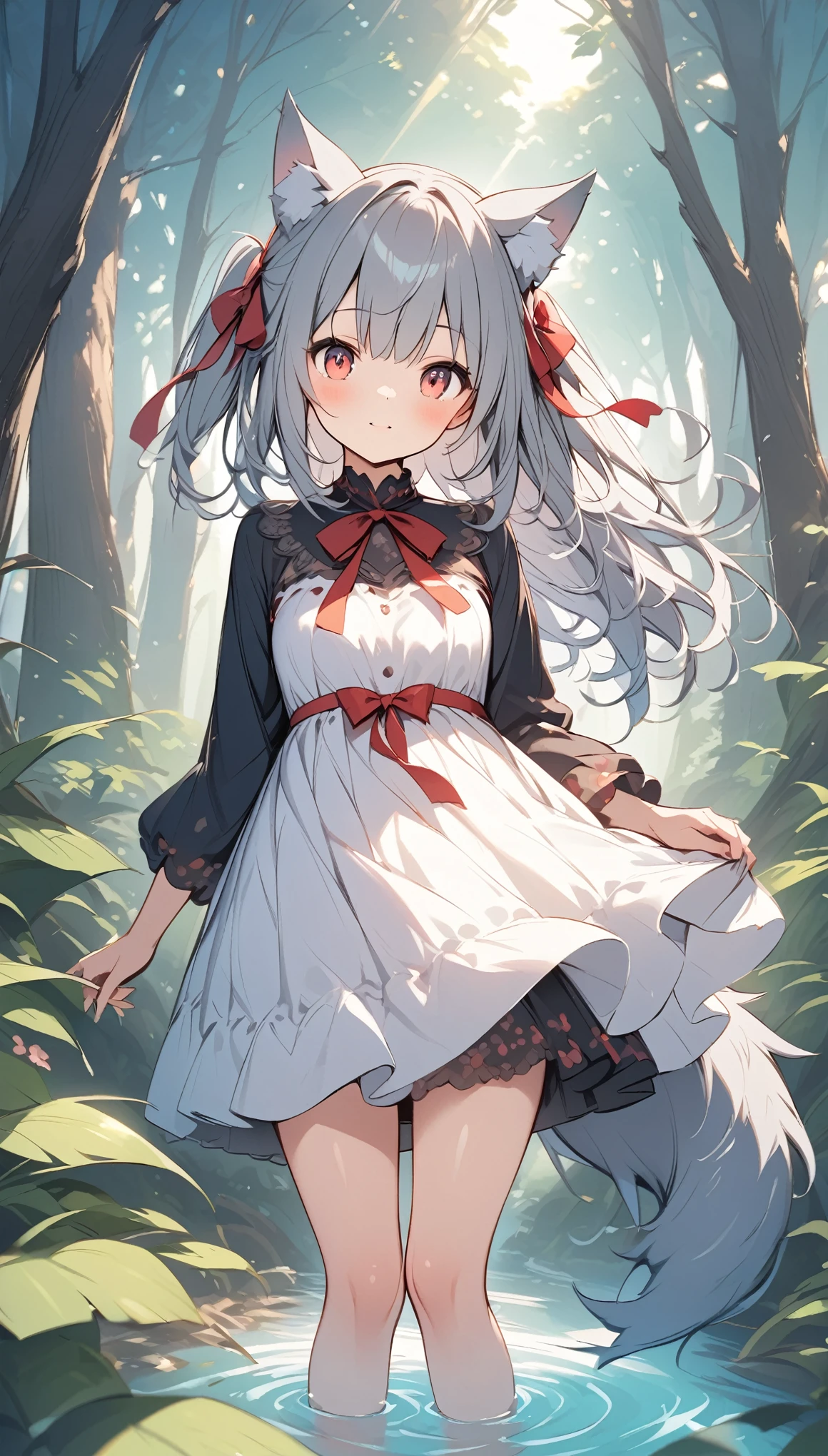 Gray wolf woman living in the forest、cute、Wolf Ears、Wolf Tail、tooth、(Red Eyes:0.8),cute、Dress modestly、Looking at this、In the dense forest、The sunlight filtering through the trees creates a mysterious atmosphere.、A small stream flows at my feet