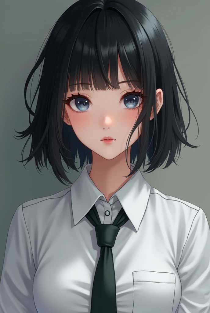 This girl is beautiful，Japanese and mixed race，Only the face is mixed blood，。Systemic features：Black Hair，Medium Length Straight Bob，Nice little face，Short eyelashes，Boyish eyes，High nose bridge，Dark blue pupils，Thin lips，Fair skin，Well-proportioned body，Beautiful breasts，waist，Hips，大leg，knee，leg，Wearing a collar and tie around the neck，Shirt with collar。