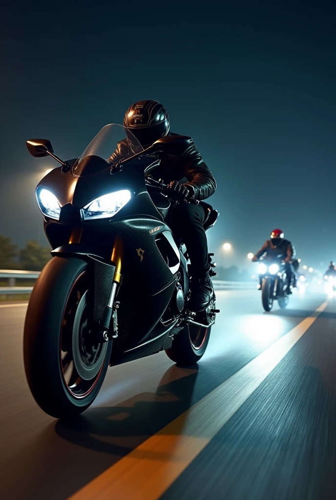 Super bike doing wheelie on 250 speed in highway on night with biker group ,side view