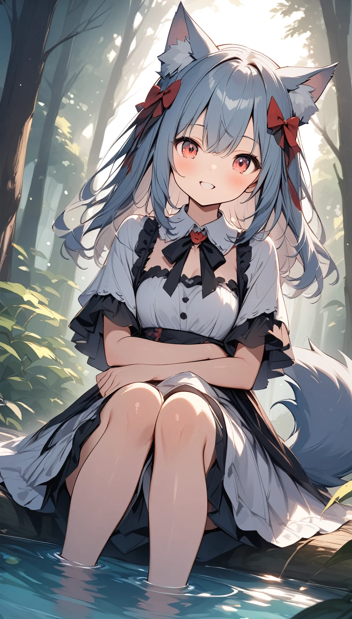Gray wolf woman living in the forest、cute、Wolf Ears、Wolf Tail、tooth、(Red Eyes:0.8),cute、Dress modestly、Looking at this、In the dense forest、The sunlight filtering through the trees creates a mysterious atmosphere.、A small stream flows at my feet