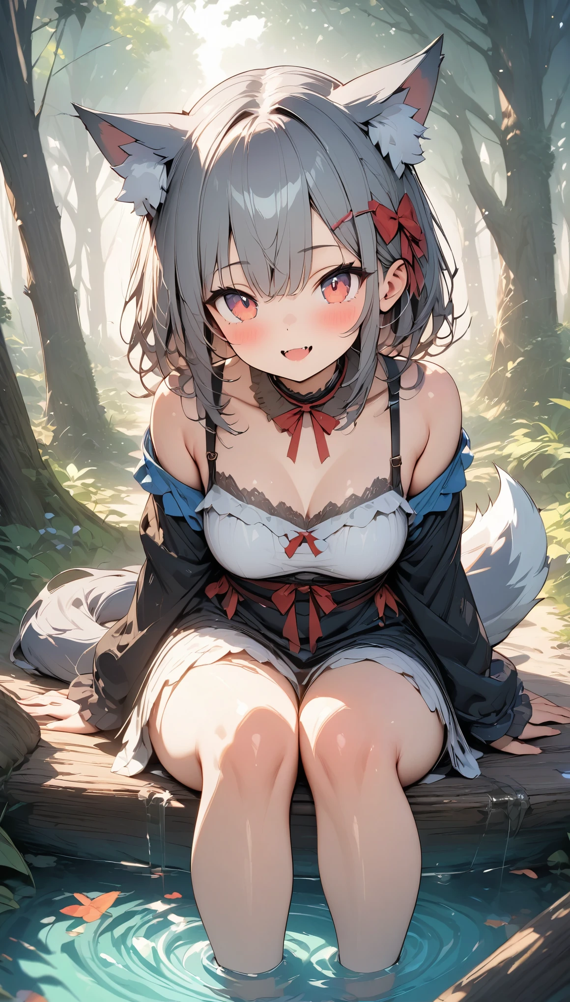 anime、Highest quality、Highest quality、Ultra-detailed、(masterpiece:1.2),Very absurd、4K,8k,Gray wolf woman living in the forest、cute、Wolf Ears、Wolf Tail、tooth、(Red Eyes:0.8),Looking at this、In the dense forest、The sunlight filtering through the trees creates a mysterious atmosphere.、A small stream flows at my feet