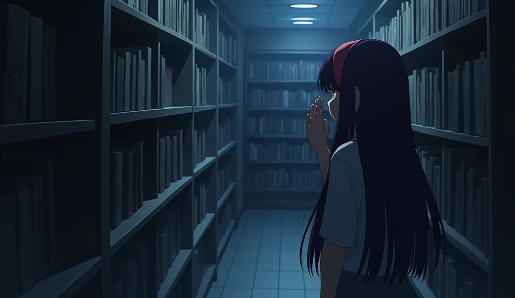 May ((A female student with long, dark purple hair that reaches the middle of her back. She always wears a red headband)) suddenly wakes up to a strange noise. She rubs her eyes and looks around the library, which now seems different. The dim lights create a scary atmosphere. She feels uneasy and notices that more time has passed than she thought.
She stands up and looks around, noticing the bookshelves seem to move slightly in the shadows. She hears faint footsteps coming from a distance.