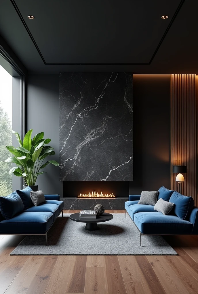 Professional 3d architecture rendering design of modern living room with dark gray and so dark vintage blue floranca velvet sofa set and medium flouting dark gray marble fireplace and brown laminate and elegant and modern accessories and modern windows