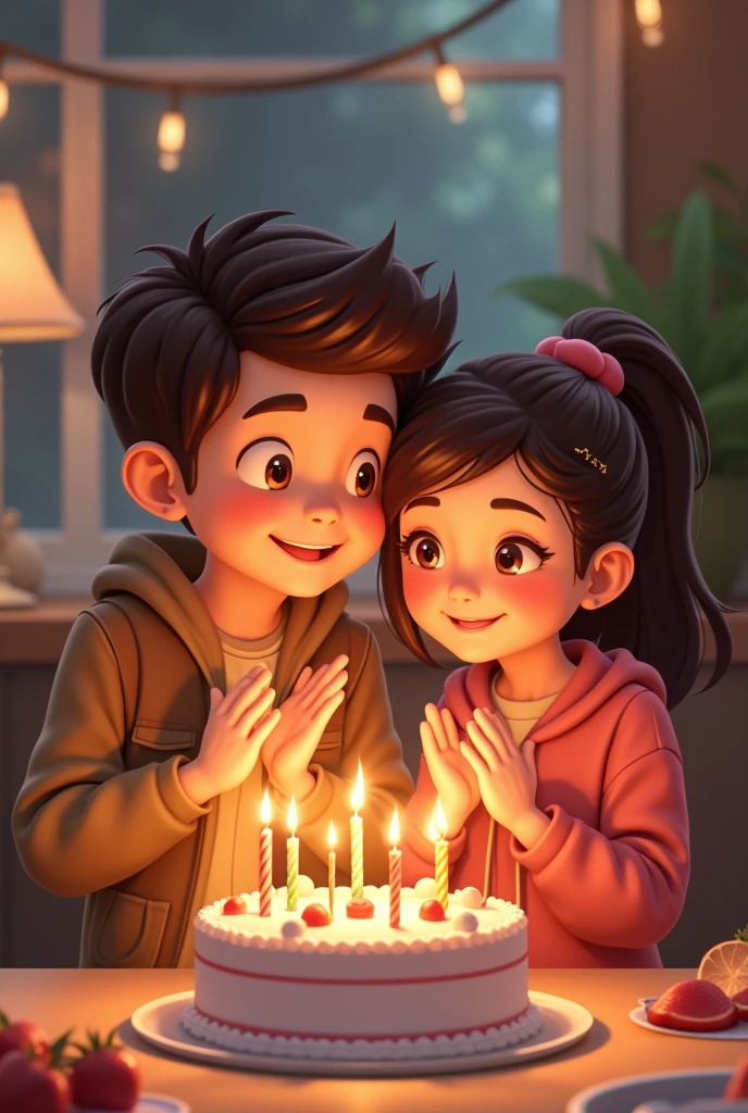 Happy Birthday, a boy and a girl who are hugging each other like friends and not in a children&#39;s theme and this one is blowing out the cake and the.msiga applauding the birthday boy not children&#39;s theme but young people 