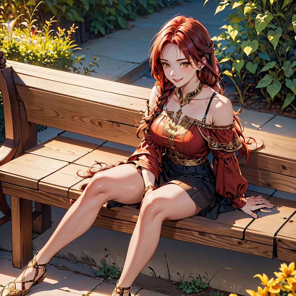women, natural redhead, long hair with 2 braids, honey yellow eyes, black flared short skirt, Wine red off shoulder blouse with details, sitting on a bench in a garden, Whole body, mischievous smile, bright smile, chest a little big.