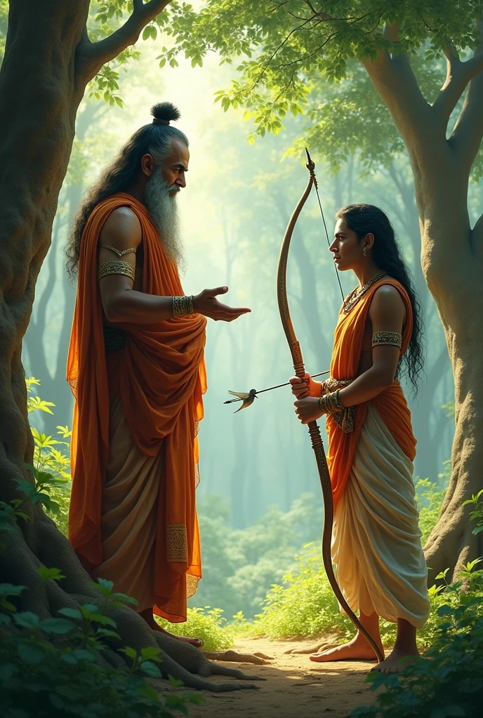 Guru dhronacharya with king arjuna teaching him bow and arrow in a forest