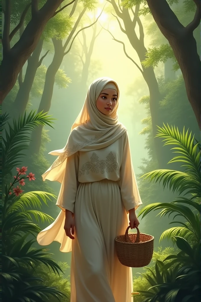 A beautiful hijabi girl hold basket and walking in jungle
