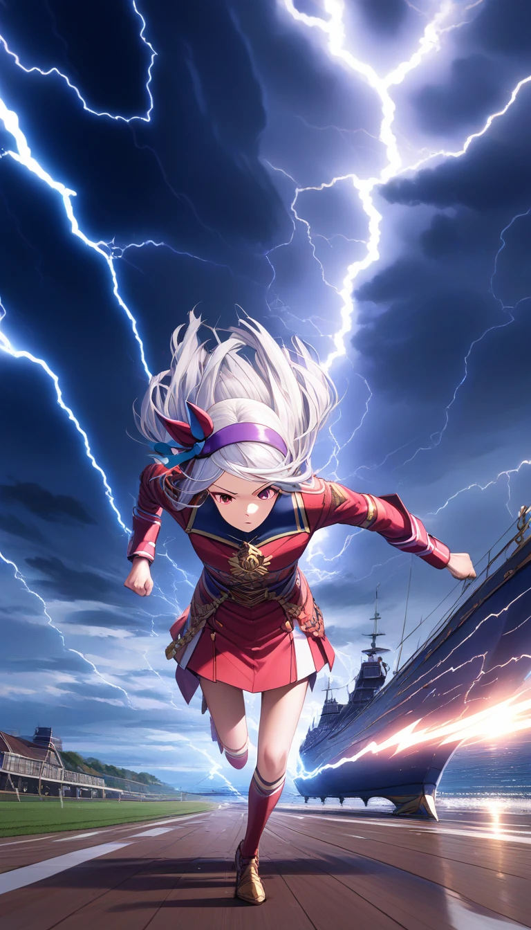 masterpiece,Highest quality,high resolution,gold_ship_umamusume,White Hair,Red clothes,Run in a forward-leaning position,Running on the lawn,Wear the Wind,Dark Days,Purple Lightning